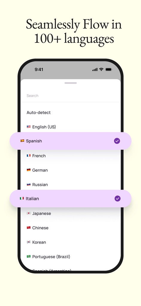 Wispr Flow: AI Voice Keyboard - Die App bietet nahtlose Sprachunterstützung in über 100 Sprachen, ersichtlich an der umfangreichen Liste der unterstützten Sprachen und den markierten Optionen wie Spanisch und Italienisch.