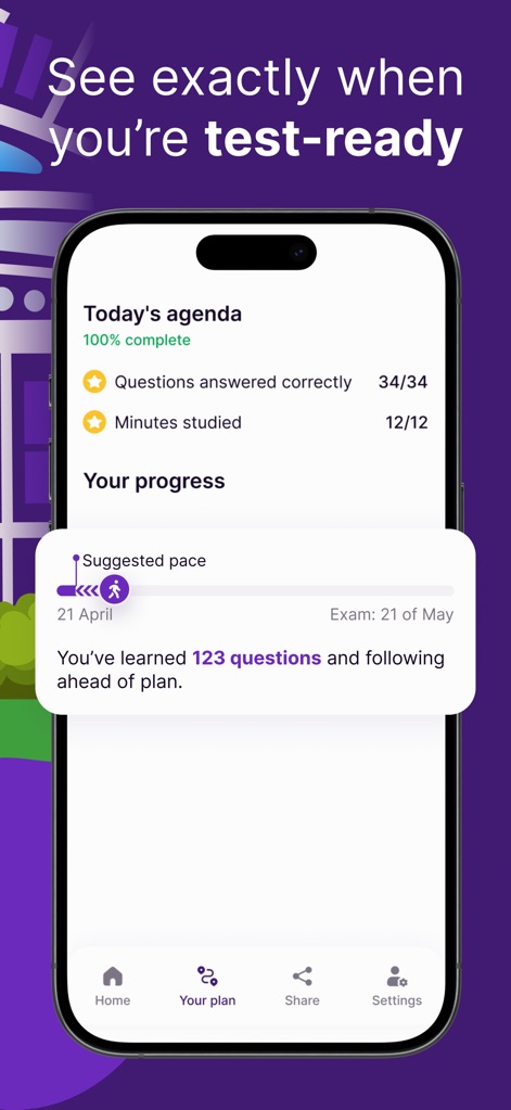 Driving Test Theory Kit 2026 - Users benefit from an "Individual Learning Plan" that tracks "Questions answered correctly" and "Minutes studied", showing their progress and suggested pace.