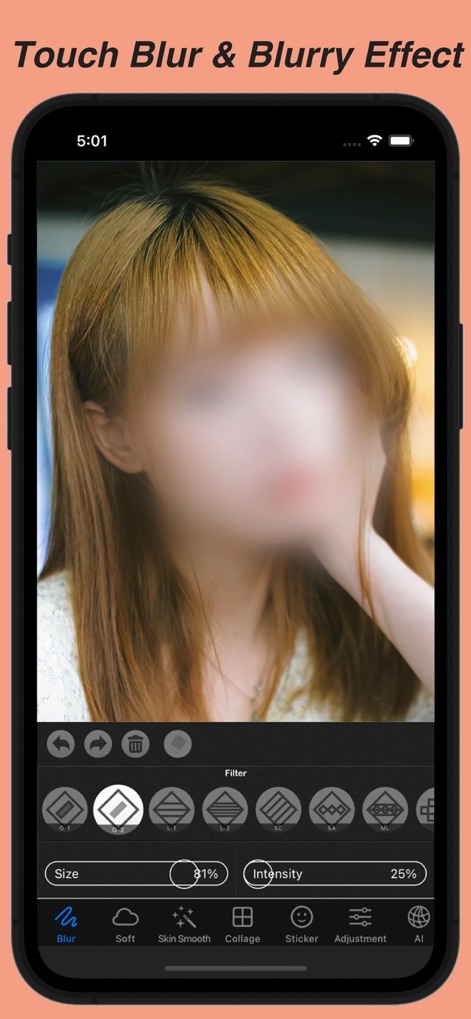 Blur Photo & Mosaic - Users can effortlessly apply a soft blur by tracing with their finger, fine-tuning the effect with customizable size and intensity sliders.