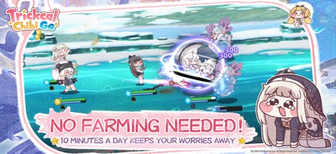 Trickcal: Chibi Go - The app showcases strategic chibi combat with visible health bars and damage numbers, emphasizing the 'No Farming Needed' slogan for casual play.