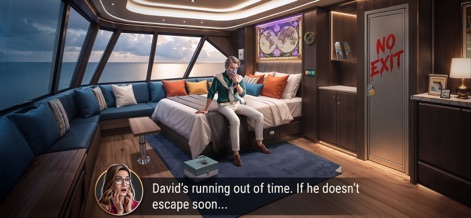 Rooms & Exits: Puzzle escape - This scene highlights the app's immersive storytelling, featuring a character in distress within a luxurious yet confining yacht cabin and a stark 'NO EXIT' door.