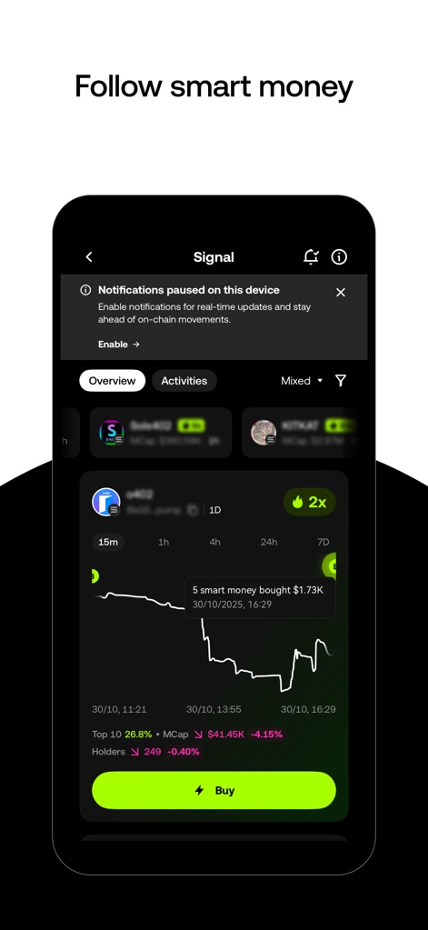 OKX Wallet: Crypto & Web3 - Die App visualisiert Preisentwicklungen mittels detaillierter Charts mit verschiedenen Zeitrahmen (X) und liefert spezifische „Smart Money“-Kaufwarnungen (Y) für informierte Entscheidungen.