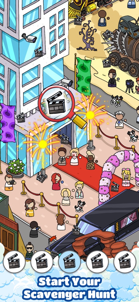 Scavenger Hunt－Hidden objects! - The app immerses players in vibrant scenes, showcasing a magnifying glass effect for close inspection and thematic events like a red carpet premiere.