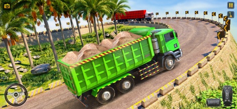 Construction Excavator Game 3d - Los usuarios pueden observar al camión volquete navegando por curvas cerradas en la montaña, con palmeras altas que añaden al desafiante entorno tropical.