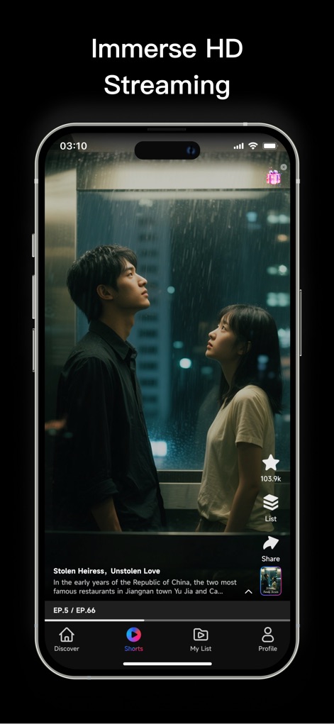 DraGo - Users enjoy high-definition streaming in a full-screen player, complete with episode details and interactive options like like and share buttons.