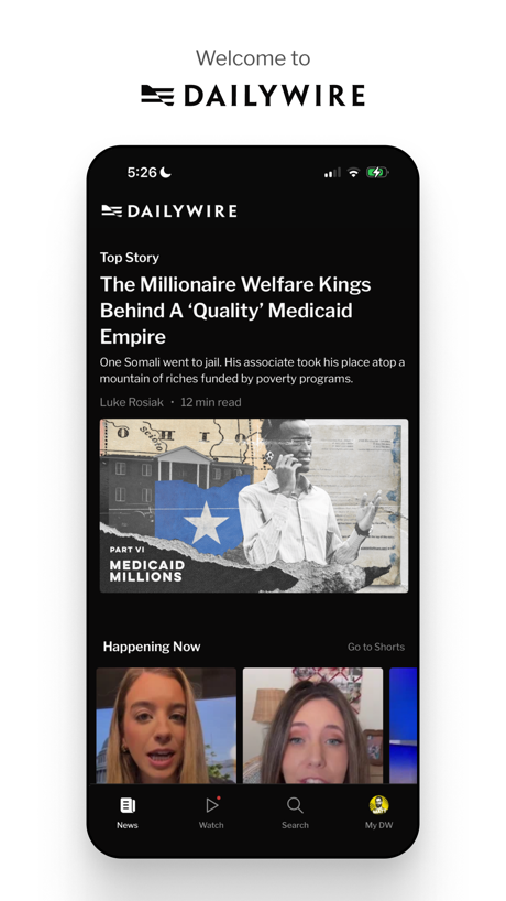 Daily Wire App Store screenshot 1, headline “DAILYWIRE”. Headline in capitals.