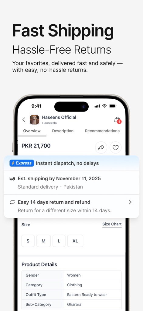 LAAM – Online Shopping App - Die App garantiert schnellen Versand und unkomplizierte Rücksendungen, ersichtlich durch die 'Express Instant dispatch'-Anzeige und die klare 'Easy 14 days return and refund'-Politik, die auf der Produktdetailseite dargestellt wird.