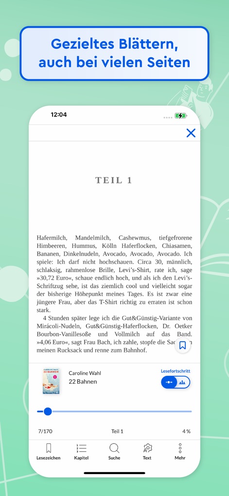 Onleihe 3 - El lector de eBooks permite una navegación eficiente a través del texto, mostrando claramente el número de página actual en relación con el total (como "7/170") y una barra de progreso visual que ayuda a los usuarios a ubicarse en el libro.