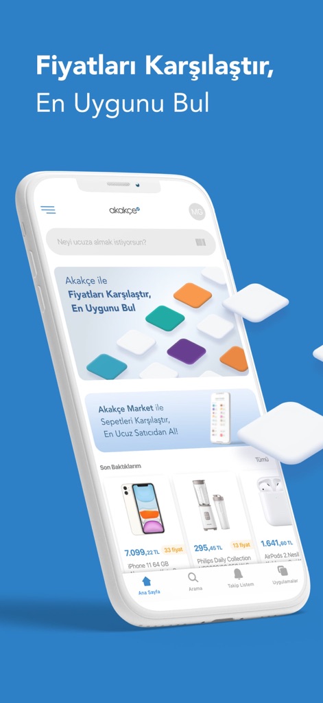 Akakçe - En Ucuz Fiyatı Bul - Users can navigate the app's intuitive search bar and explore prominently displayed comparison options for various products.