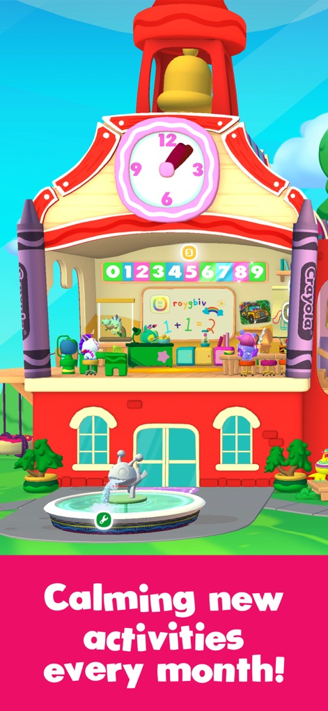 Crayola Create and Play: Kids - Explore a lively interactive schoolhouse setting, complete with educational number and letter boards for diverse learning activities.