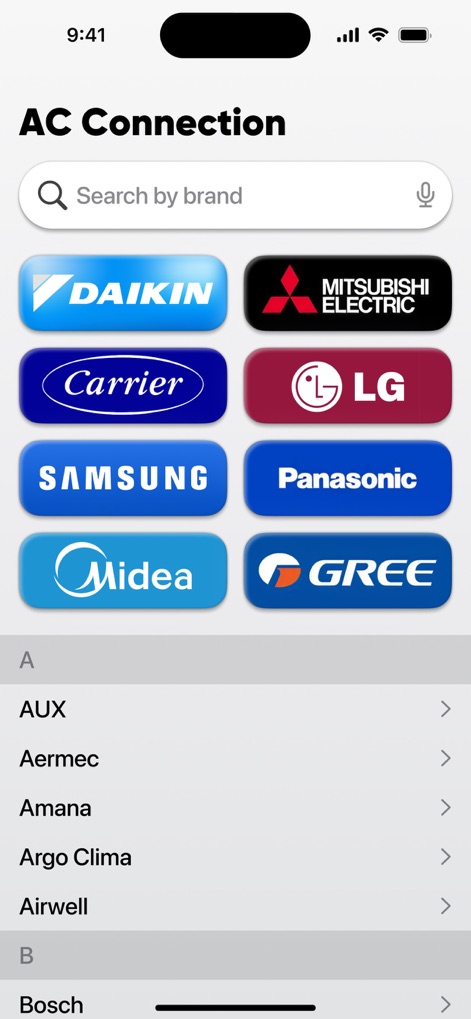 AC Remote: Universal Control. - Discover the extensive compatibility with popular brands like Daikin and LG, alongside an alphabetical list showing a wide array of supported AC manufacturers.