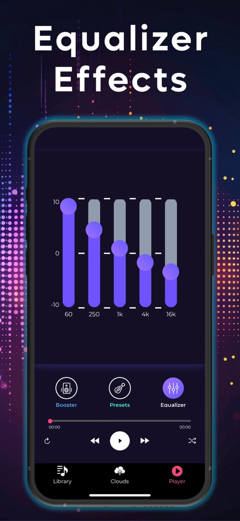 Bass Booster - Audio Equalizer - Users can precisely adjust audio with the intuitive 5-band equalizer sliders and seamlessly switch between modes using the dedicated Booster and Presets tabs.