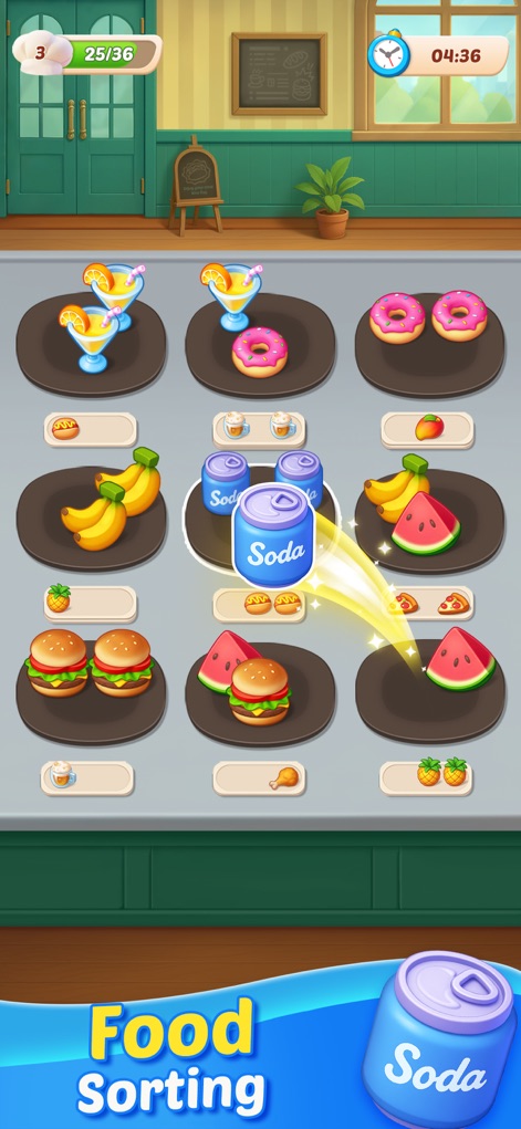 Food Sort: Puzzle Game - La herramienta ilustra un entorno de cocina ordenado, donde la clasificación estratégica de diversos alimentos como donuts y plátanos se combina con la acción de mover una lata de refresco para completar combinaciones.