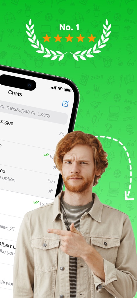 Dual Messenger & Duo Web - La calidad de la aplicación está destacada por el distintivo 'No. 1' y las cinco estrellas, complementando la funcionalidad de búsqueda rápida en la lista de chats para una experiencia superior.
