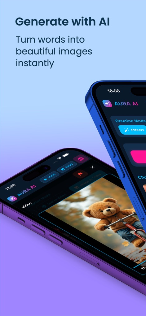 Aura AI Text & Image to Video - Die App zeigt auf zwei detailreichen iPhones die Funktion "Generate with AI" und die intuitive Benutzeroberfläche zur Videoverwaltung.
