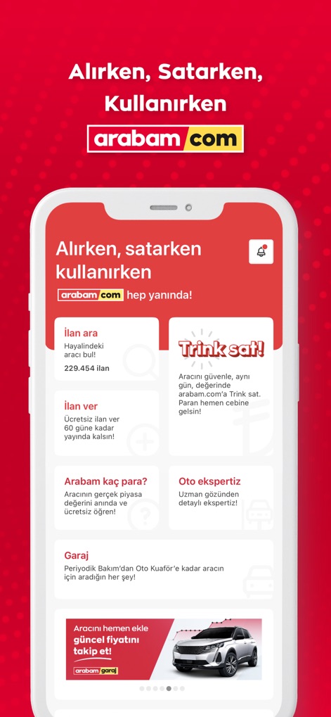 arabam.com - Die App präsentiert ein umfassendes Dashboard mit Schnellzugriffen auf Funktionen wie 'Trink Sat!' für sofortige Verkäufe und 'Garaj' zur Fahrzeugverwaltung.