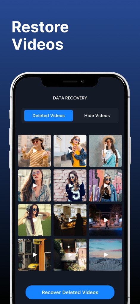 Photo Recovery : Deleted Photo - Users can easily navigate the video recovery interface, showcasing video thumbnails with play icons and a prominent "Recover Deleted Videos" button for swift retrieval.