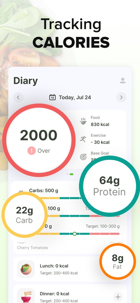 ‎Calorie Counter: Food Tracker - La aplicación ofrece un resumen diario detallado, mostrando el consumo de calorías con un indicador de exceso (2000 kcal 'Over') y la distribución de macronutrientes esenciales como la proteína (64g) y los carbohidratos (22g).