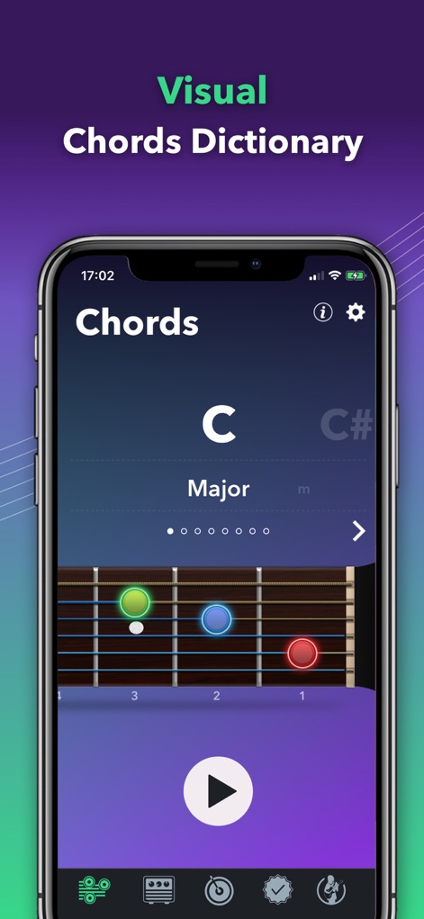 Guitar Tuner Easy tune chords - Uncover the comprehensive visual chord library, presenting detailed fretboard diagrams and an integrated audio play button for quick learning.