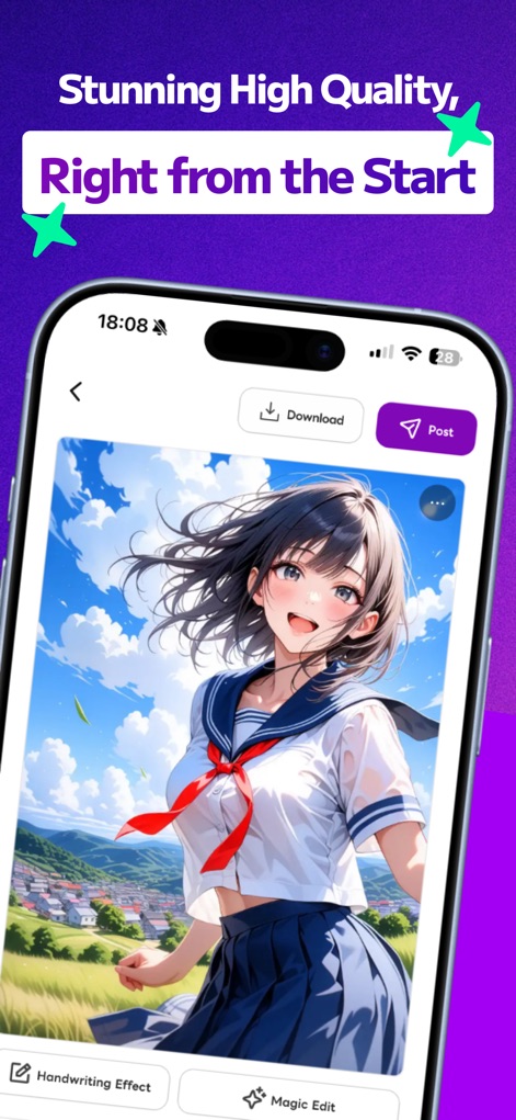 Days AI - AI Art & OC Creator - Die App demonstriert die Erstellung atemberaubender KI-Illustrationen, wobei ein lächelndes Mädchen in einer Schuluniform vor einer idyllischen Landschaft mit einem blauen Himmel zu sehen ist und Funktionen wie „Download“ und „Post“ zum Teilen verfügbar sind.