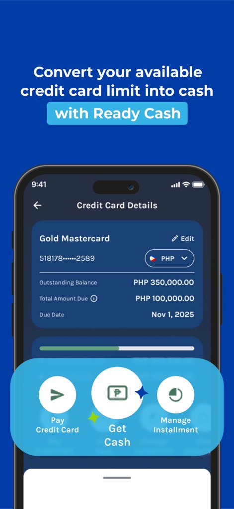 Security Bank App - Explore the convenience of converting credit card limits to cash with the 'Ready Cash' feature, visible on the 'Credit Card Details' screen showing outstanding balance.