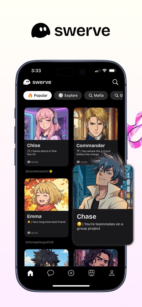 Swerve - AI Chat - Explore a diverse gallery of AI characters with distinct profiles and engaging story hooks, showcasing popular picks and categories like 'Mafia'.