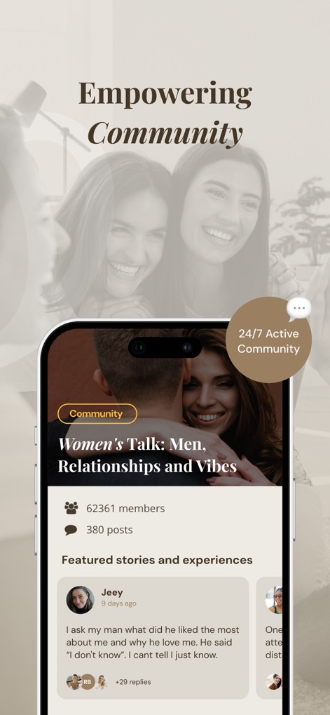 Affemity: Relationship Coach - Die App fördert eine stärkende Community, sichtbar an der hohen Mitgliederzahl im Bereich "Women's Talk" und dem Hinweis auf eine "24/7 Active Community", die regen Austausch ermöglicht.