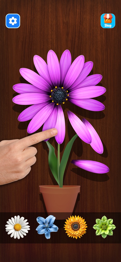 Antistress: Relaxing Mini Game - Experience satisfying tactile interaction as users pluck petals from a vibrant purple flower, with options to select various flower types at the bottom.