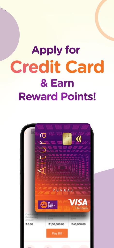 AU 0101: Banking App, UPI, FD - Users can easily apply for AU Bank Credit Cards, as highlighted by the prominent "Altura" card design, and view detailed "Credit Card Outstanding Amount" and limits directly in the app.