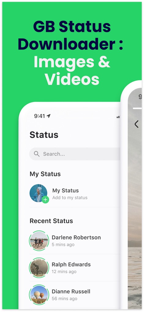 Gb Dual Messenger・Duo Web Chat - ユーザーは、他のユーザーが共有した画像や動画のステータスを一覧で表示するセクションと、「GB Status Downloader : Images & Videos」という機能を明確に示すタイトルをこの画面で確認できます。
