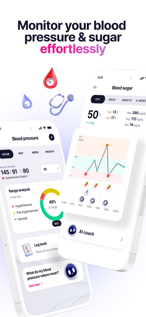 Elfie - Health & Rewards - La aplicación permite monitorizar la presión arterial con un "análisis de rango" visual y los niveles de glucosa con "gráficos de tendencias" que evolucionan con el tiempo.