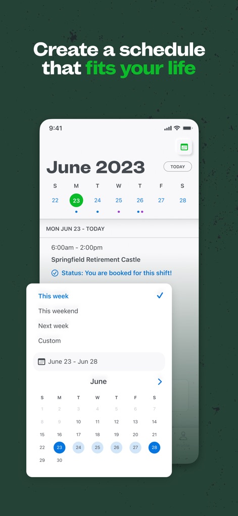 ShiftKey - PRN Healthcare Jobs - The app empowers users to tailor their work-life balance, offering a comprehensive calendar month view and flexible date range selection such as "This week".