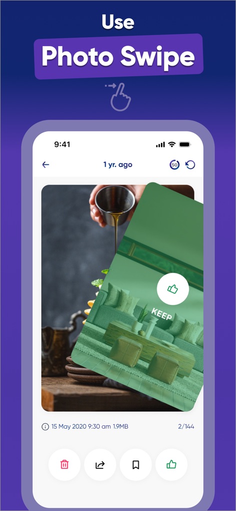 Cleaner ・Phone Storage Cleanup - This feature showcases the "PhotoSwipe" interface, enabling users to quickly sort media with a visual "KEEP" overlay and offering dedicated action buttons for deletion or sharing.