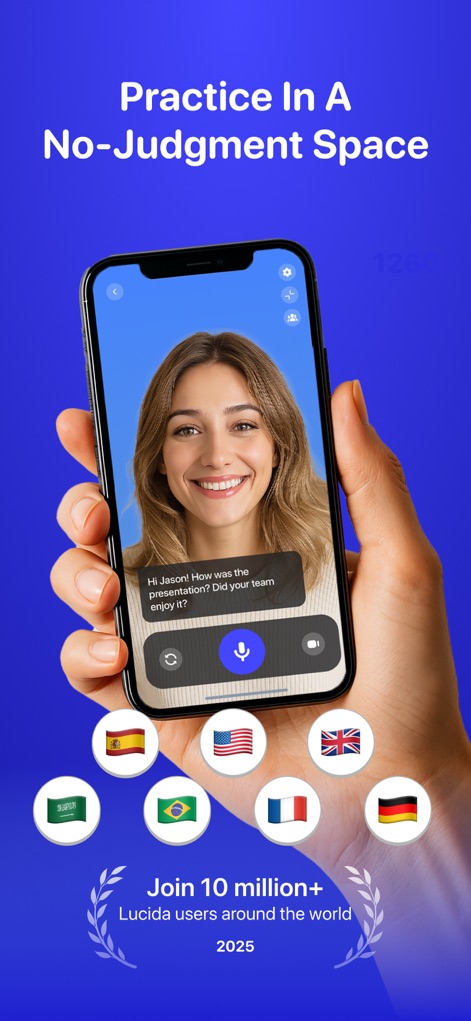Learn Languages - Lucida AI - La aplicación muestra una interfaz de videollamada con un tutor de IA sonriente y una selección de banderas de idiomas en la parte inferior, resaltando la versatilidad global de la plataforma.