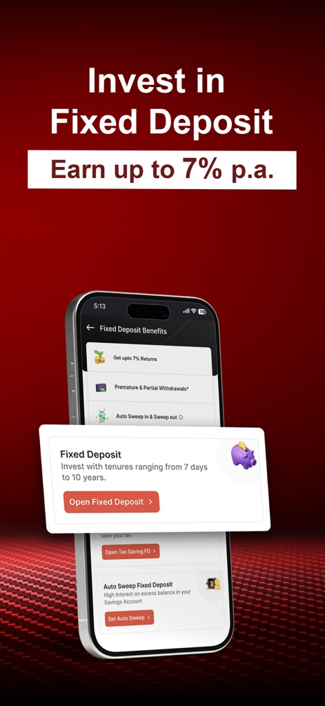 IndusInd Bank: Savings A/C, FD - Users can easily explore fixed deposit benefits such as "up to 7% p.a." returns and manage options like "Auto Sweep In & Sweep Out" directly within the app interface.