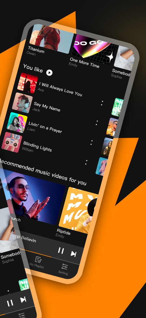 Music X - Music Offline Player - Esta vista resalta la sección "You like" con canciones favoritas y vídeos musicales recomendados, ofreciendo una experiencia auditiva y visual personalizada.