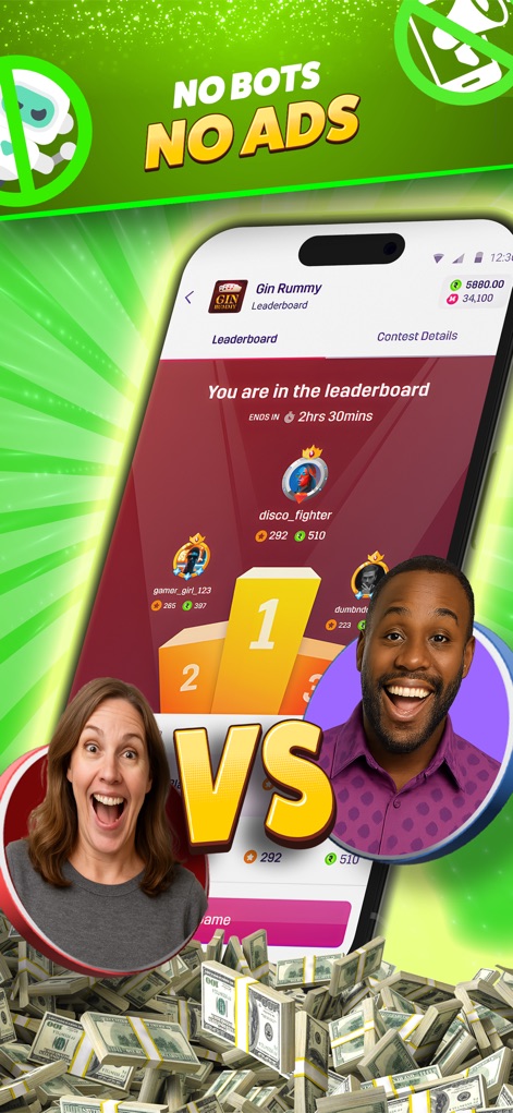 Bingo, Solitaire - Cash Games - Esta captura destaca una tabla de clasificación en el juego de Gin Rummy con un enfrentamiento directo entre usuarios reales, promoviendo la experiencia "NO BOTS NO ADS".