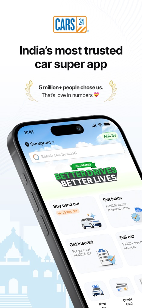 CARS24® – Sell & Buy Used Cars - Explore the app's intuitive dashboard, featuring quick access buttons for buying and selling, alongside a prominent location selector for localized services.