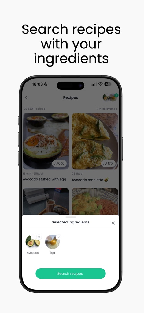 MyRealFood: Diet and recipes - Users can efficiently browse through thousands of "Recipes" displayed with tempting images and utilize the "Selected Ingredients" filter to find dishes based on what they have on hand.