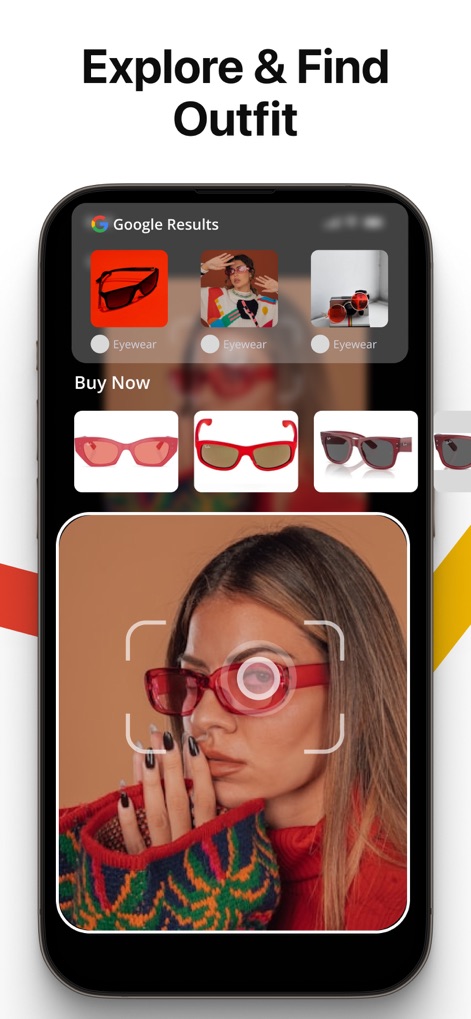 Lens AI: Identify Anything - This screen demonstrates how users can identify fashion accessories like the red sunglasses and explore diverse purchase options.