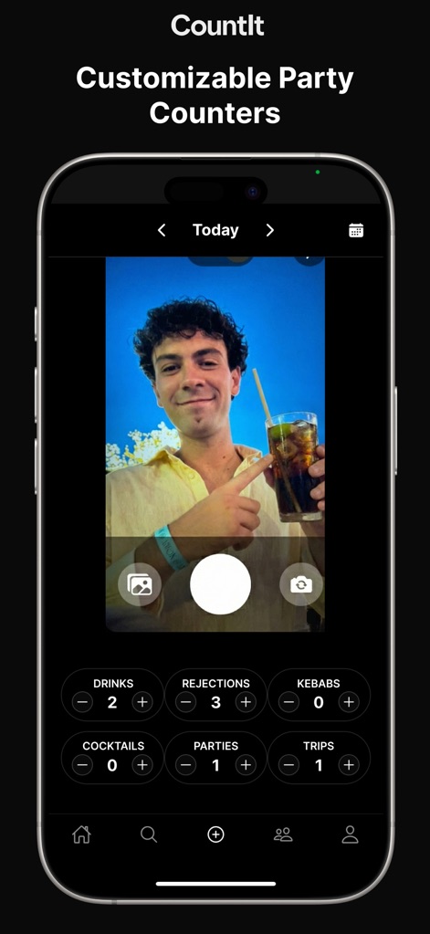 CountIt: Party Countdown - ユーザーは、セルフィー機能とカスタマイズ可能なカウンターを使用して、パーティー体験を正確に記録できます。例えば、「DRINKS」や「PARTIES」といった項目を追跡できます。