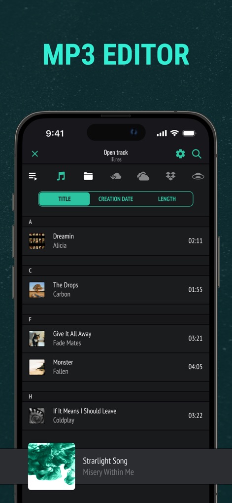 Sound Editor: Audio Changer - 이 앱은 iTunes 및 다양한 클라우드 서비스에서 오디오 파일을 쉽게 불러올 수 있는 기능을 제공하며, 파일 목록에서 제목, 생성일, 길이를 한눈에 확인할 수 있습니다.