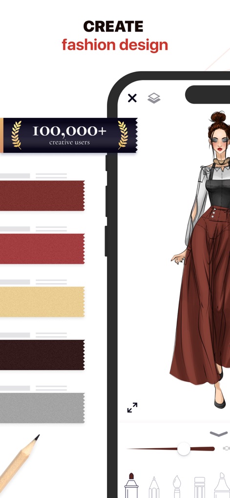Fashion Design Sketches: Style - This tool provides a dedicated side panel for extensive color and fabric swatches, alongside an intuitive bottom tool palette featuring pencils and brushes, empowering users to bring their fashion concepts to life.