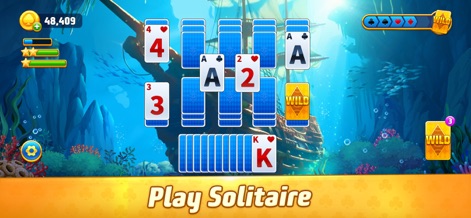 Solitaire TriPeaks Journey - This scene highlights the traditional Solitaire TriPeaks card arrangement and the vibrant underwater shipwreck setting, confirming users can "Play Solitaire" in captivating environments.