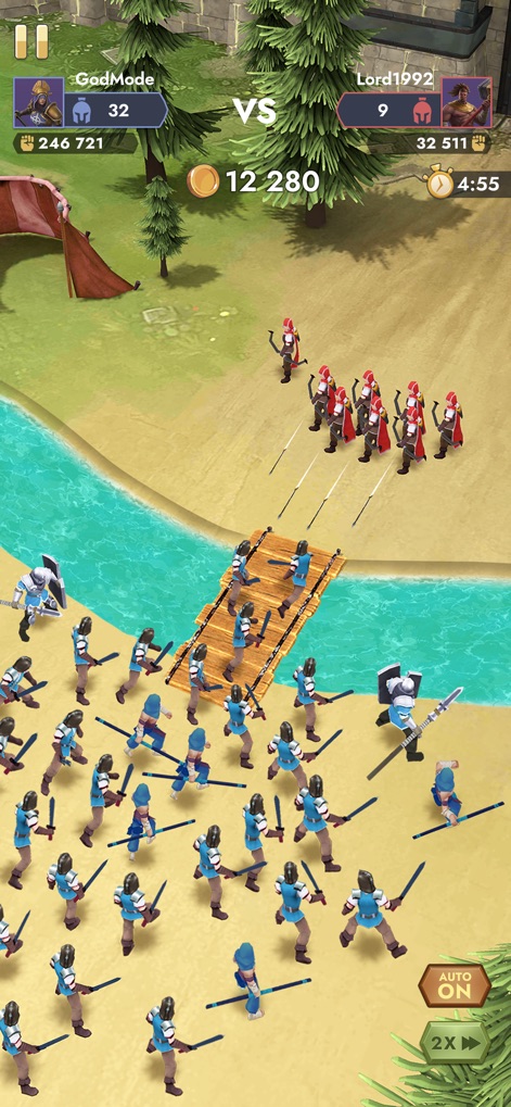 Kingdom Clash:Medieval Defense - Observe the initial tactical deployment across a strategic bridge and the clear player vs. player (VS) interface displaying resource counters.