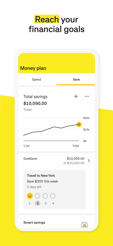 CommBank - Users can actively manage their savings goals within the Money plan, tracking total savings progress with an intuitive graph and monitoring specific GoalSaver targets like "Travel to New York".