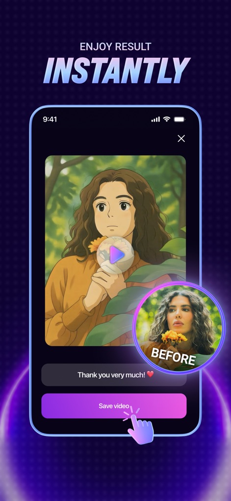 AI Video Generator: Tvorra - Obtenez un résultat impressionnant, comme cette transformation en style animé, avec une option de sauvegarde immédiate pour partager votre création sans délai.