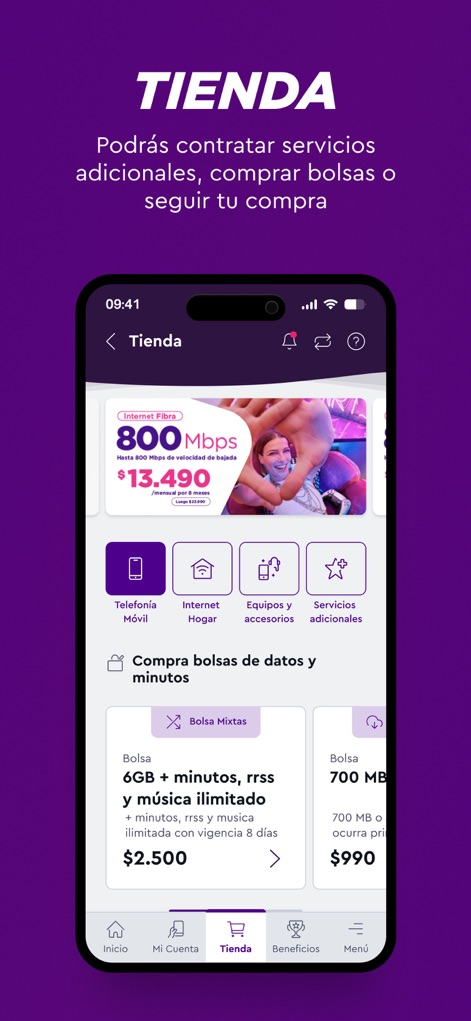 WOM (Chile) - This tool provides a dedicated 'Tienda' section where users can browse mobile telephony and home internet services, along with various data and minute package offerings.