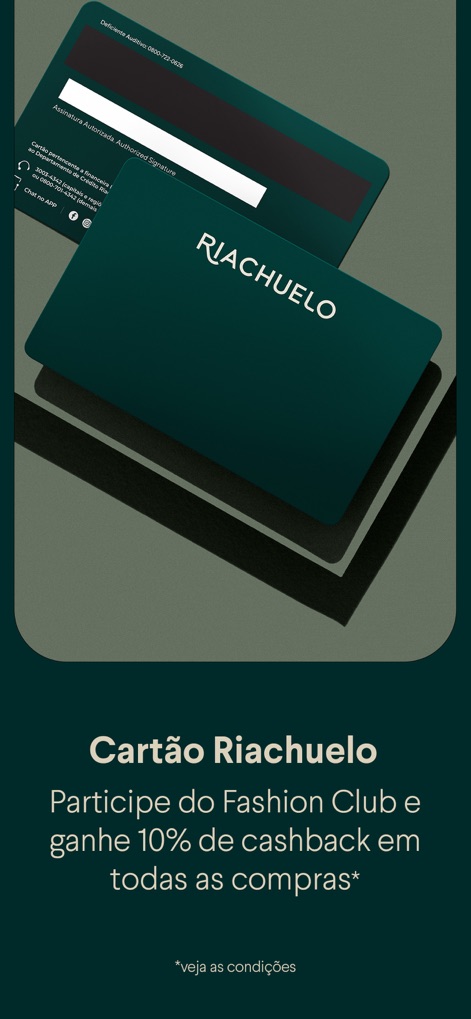 Riachuelo - Roupas e compras - This screen details the advantages of the Riachuelo card, showcasing its digital representation and the enticing 10% cashback offer.