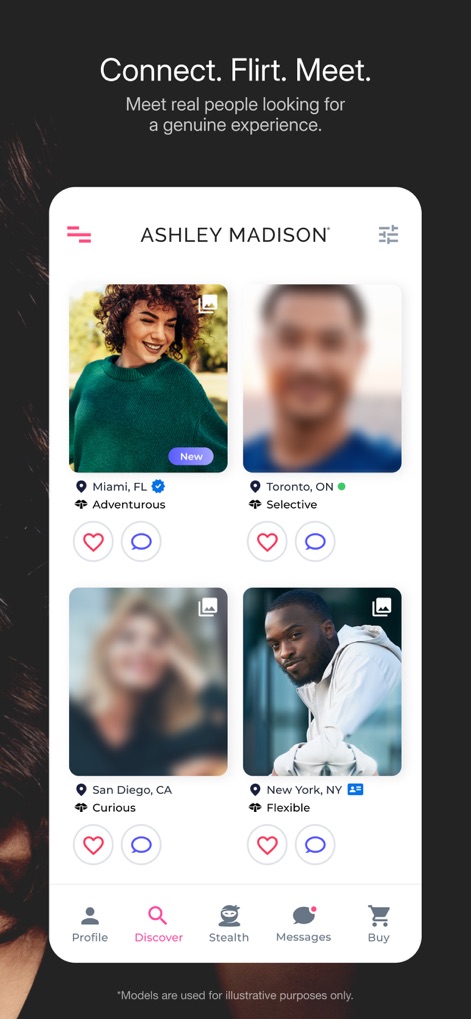 Ashley Madison Discreet Dating - Explore the intuitive 'Discover' interface, showcasing user profiles with location details and clear interaction icons for connecting.